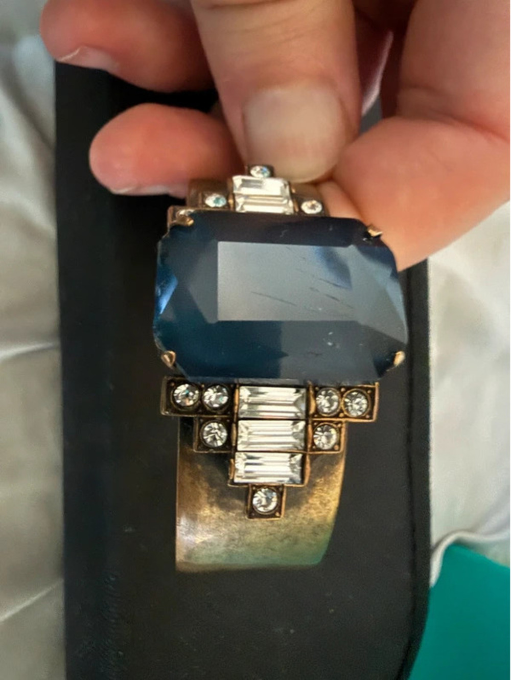 Loren Hope Brass Statement Cuff Bracelet Emerald Cut Blue Rhinestone